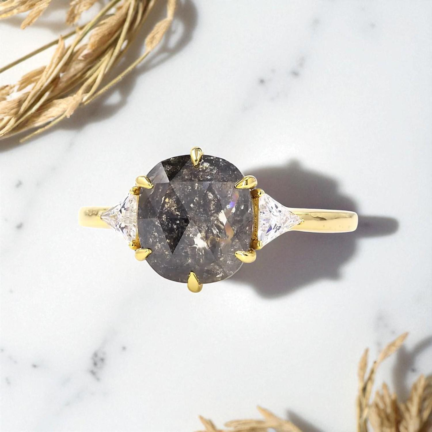14K Yellow Gold Grey Salt and Pepper Oval Cut Natural Diamond Statement Ring