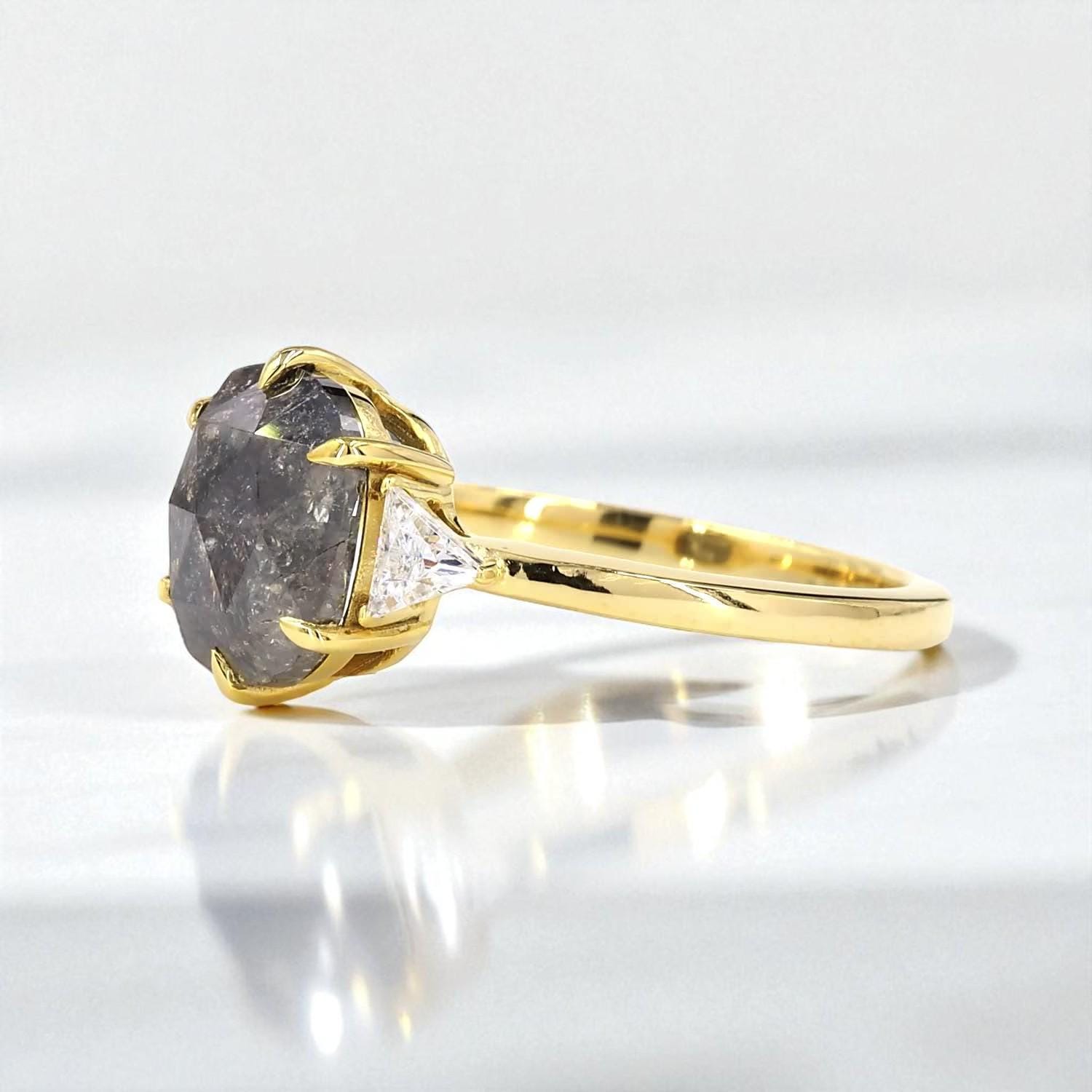 14K Yellow Gold Grey Salt and Pepper Oval Cut Natural Diamond Statement Ring
