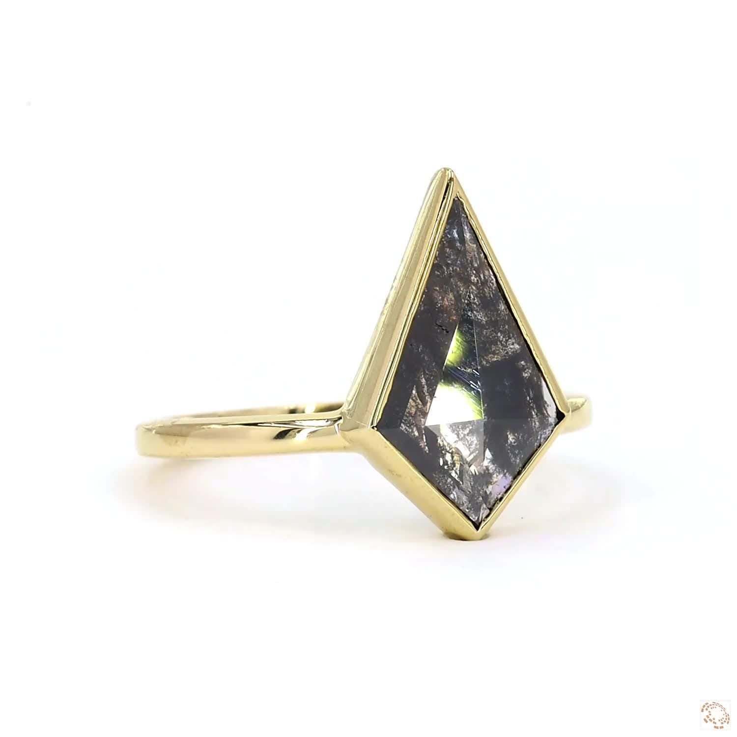 14K Yellow Gold Kite Cut Grey Salt and Pepper Natural Diamond Anniversary Ring