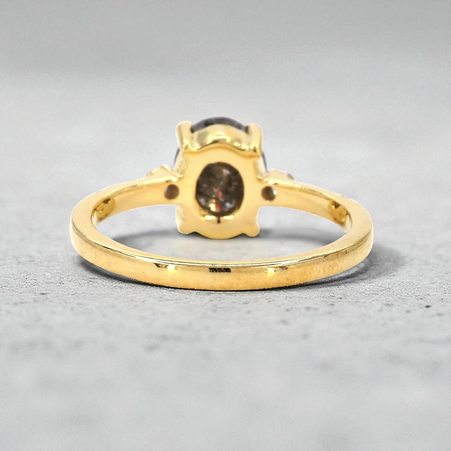 Oval Salt and Pepper Diamond Ring, Natural Grey Diamond, 14K Yellow Gold Engagement Ring