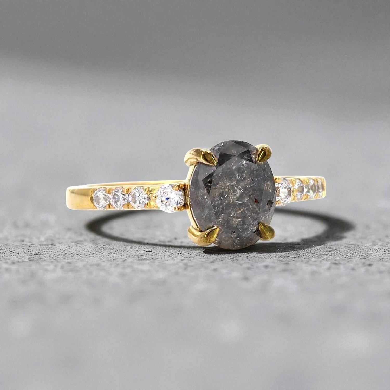 Oval Salt and Pepper Diamond Ring, Natural Grey Diamond, 14K Yellow Gold Engagement Ring
