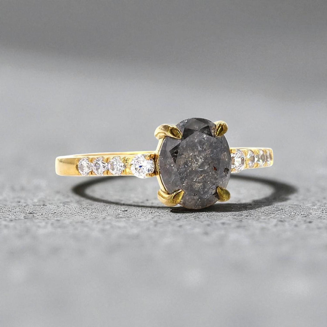 Oval Salt and Pepper Diamond Ring, Natural Grey Diamond, 14K Yellow Gold Engagement Ring
