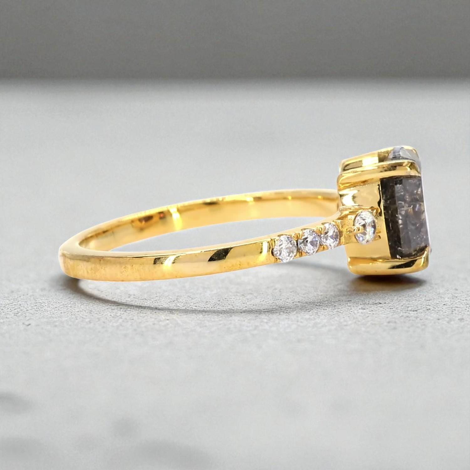 Oval Salt and Pepper Diamond Ring, Natural Grey Diamond, 14K Yellow Gold Engagement Ring