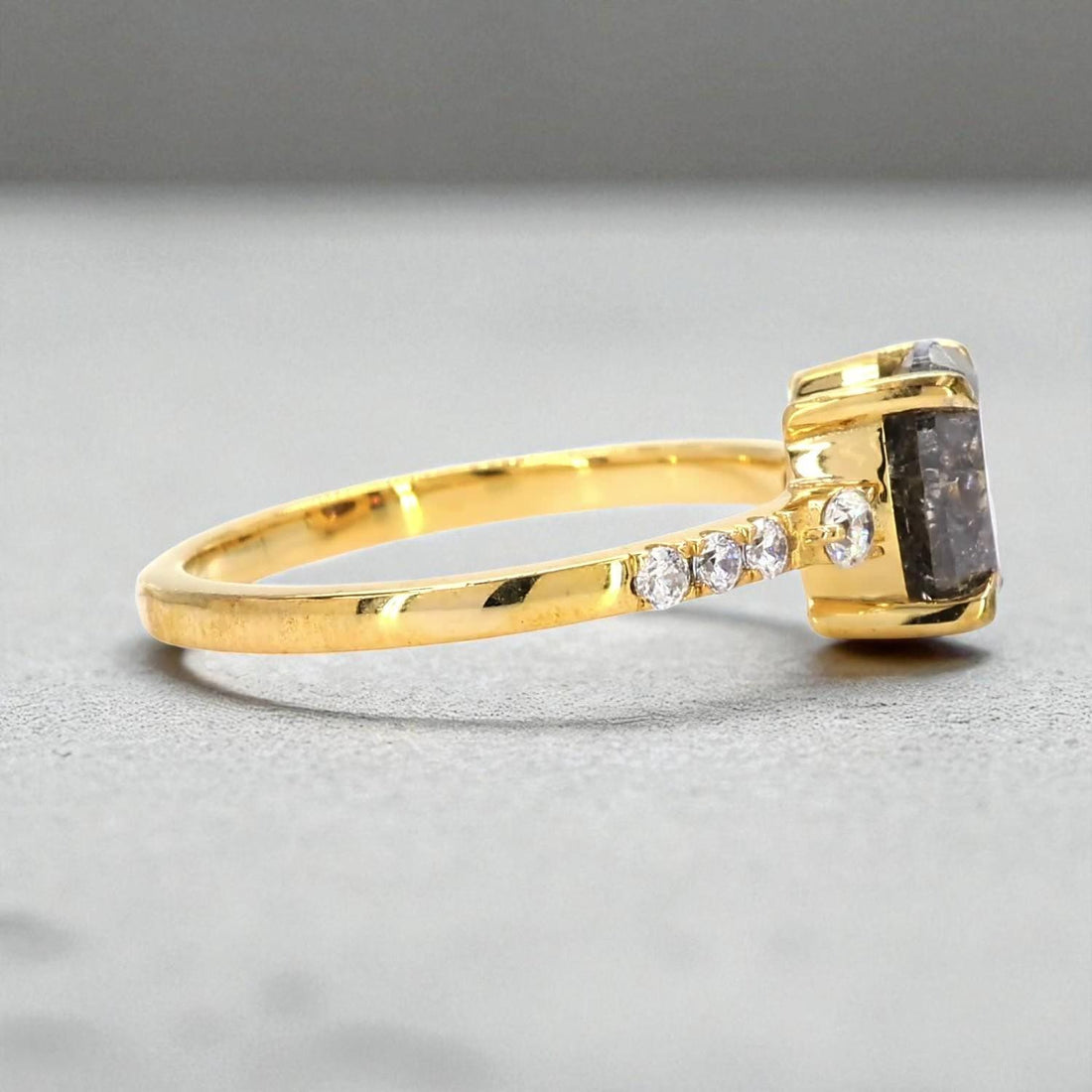 Oval Salt and Pepper Diamond Ring, Natural Grey Diamond, 14K Yellow Gold Engagement Ring