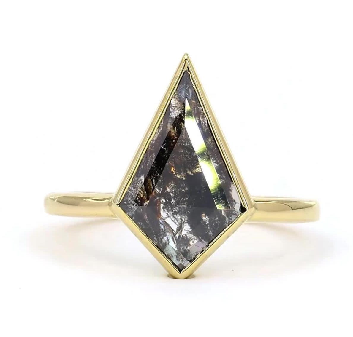 14K Yellow Gold Kite Cut Grey Salt and Pepper Natural Diamond Anniversary Ring