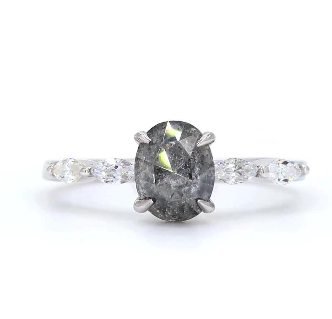14K White Gold Grey Salt and Pepper Oval Cut Natural Diamond Wedding Ring