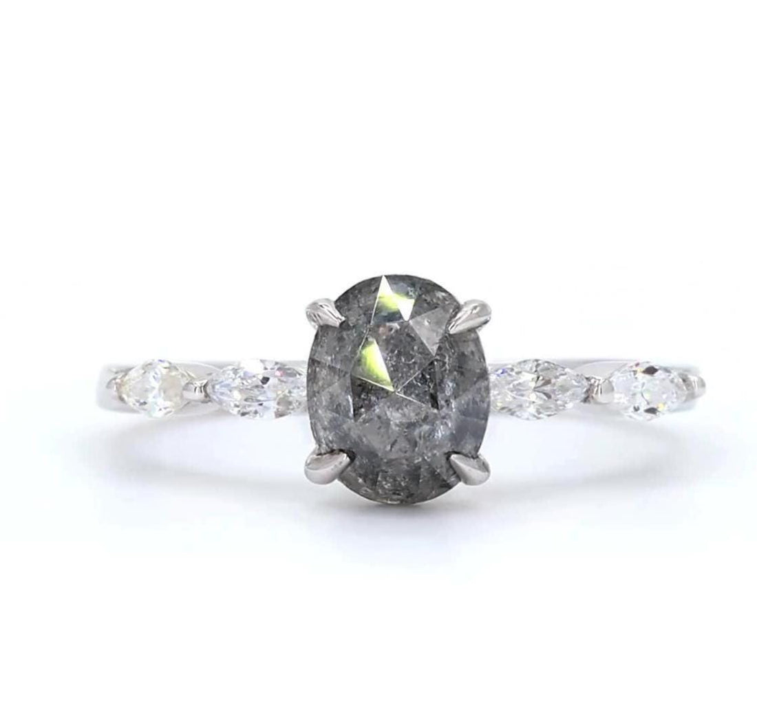 14K White Gold Grey Salt and Pepper Oval Cut Natural Diamond Wedding Ring