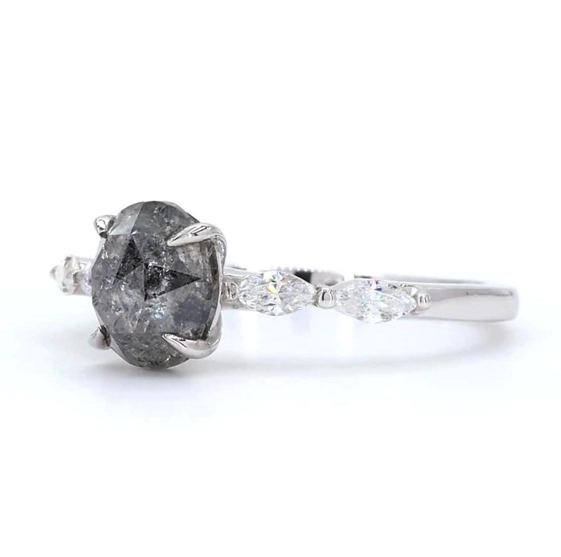 14K White Gold Grey Salt and Pepper Oval Cut Natural Diamond Wedding Ring