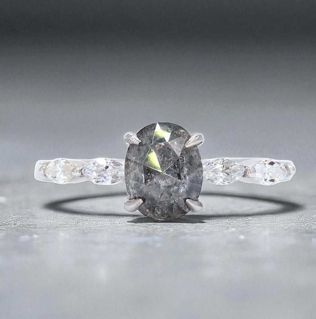 14K White Gold Grey Salt and Pepper Oval Cut Natural Diamond Wedding Ring