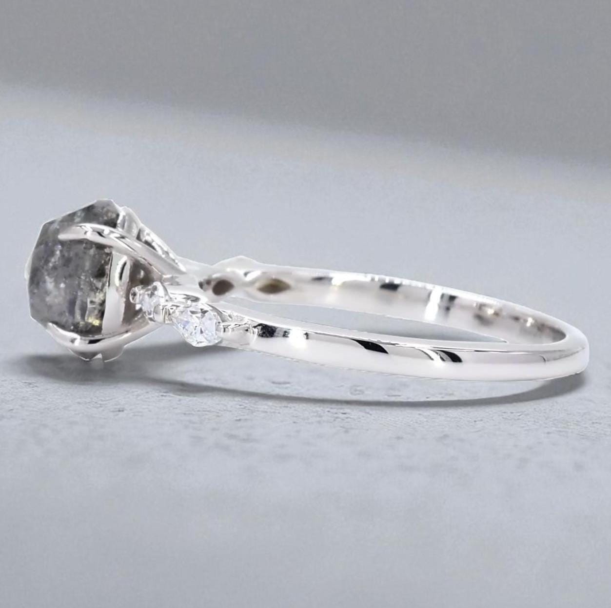 14K White Gold Grey Salt and Pepper Oval Cut Natural Diamond Wedding Ring