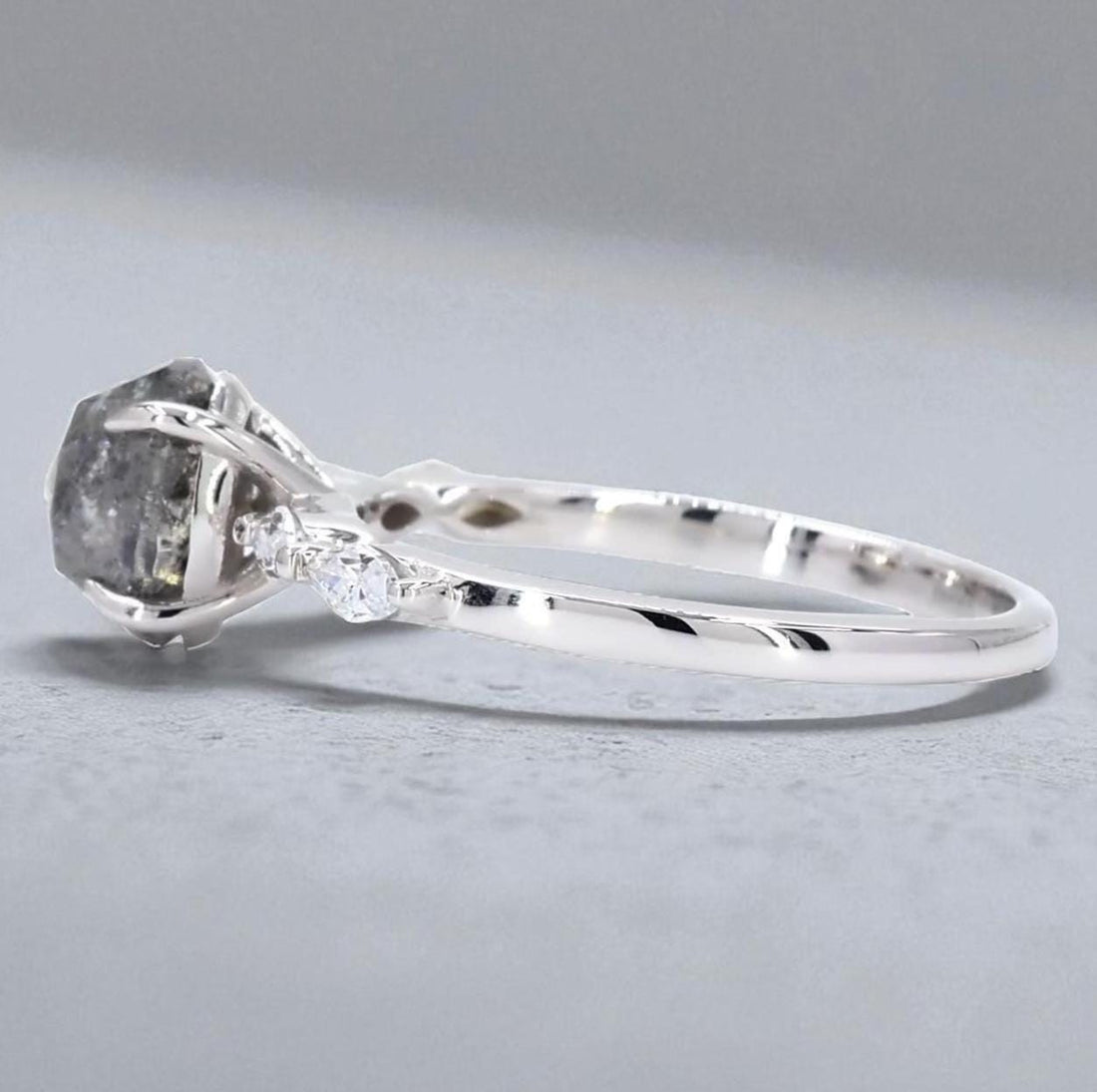 14K White Gold Grey Salt and Pepper Oval Cut Natural Diamond Wedding Ring