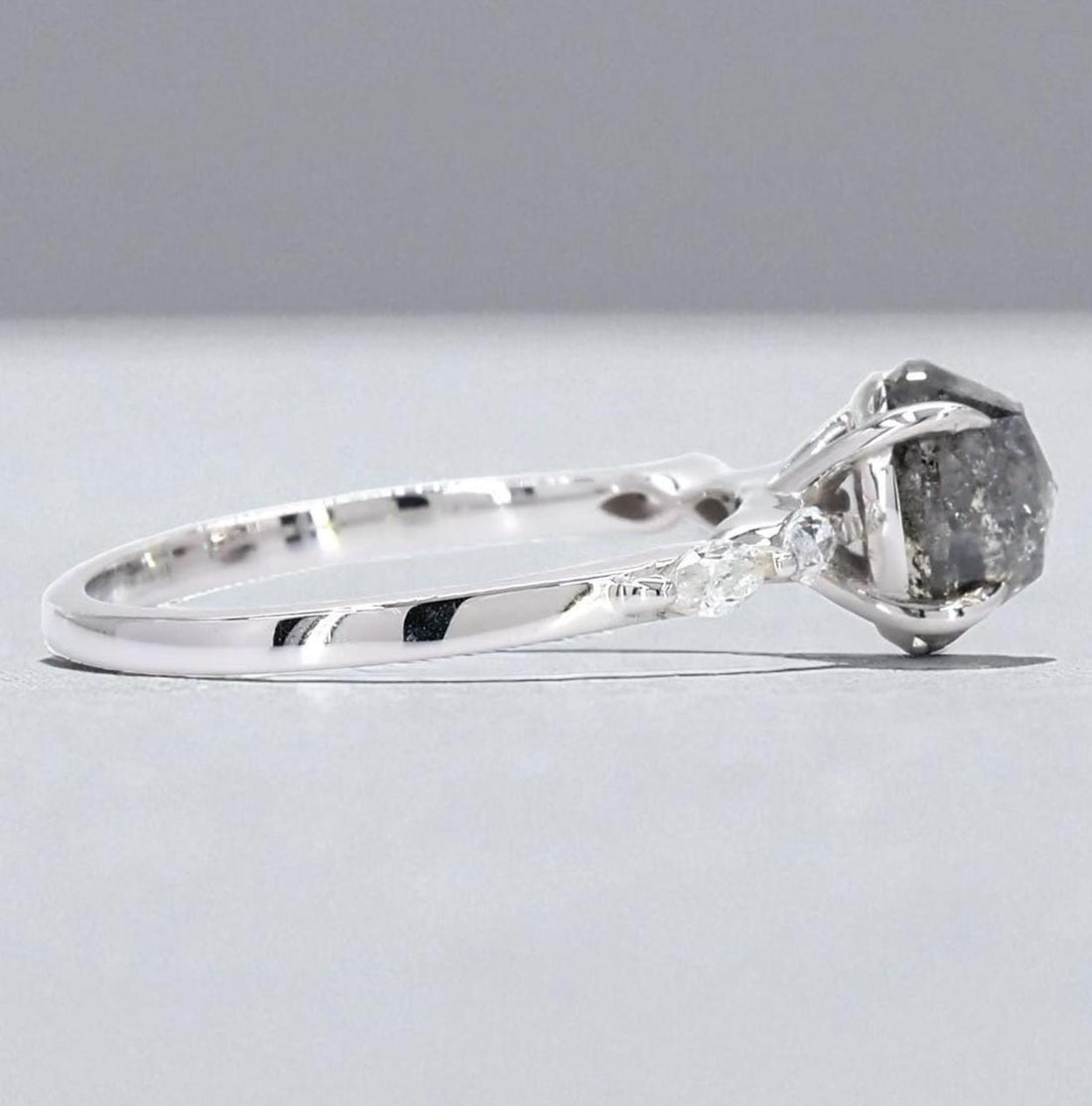 14K White Gold Grey Salt and Pepper Oval Cut Natural Diamond Wedding Ring
