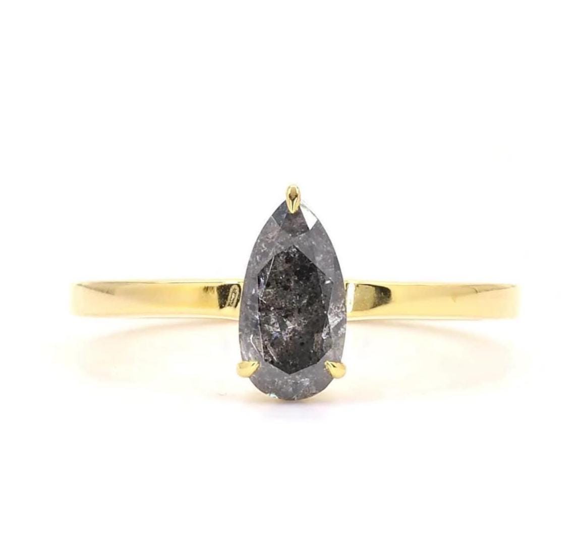14K Rose Gold Unique Grey Salt and Pepper Natural Pear Cut Diamond Promise Ring
