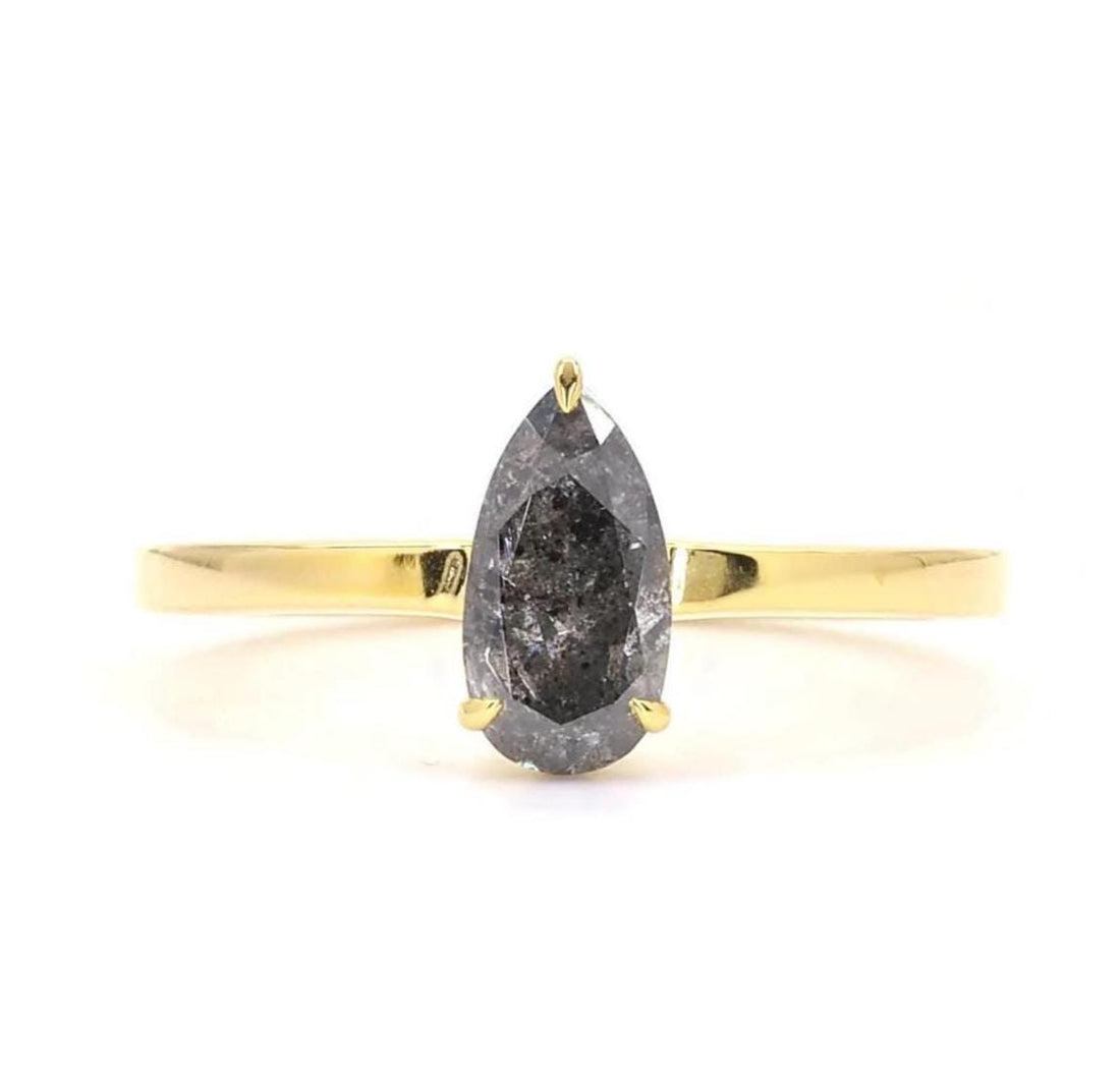 14K Rose Gold Unique Grey Salt and Pepper Natural Pear Cut Diamond Promise Ring