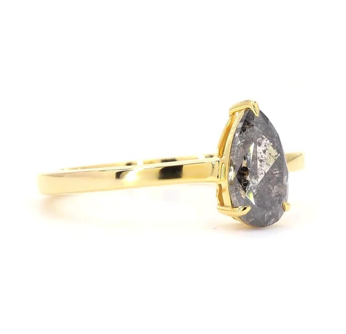 14K Rose Gold Unique Grey Salt and Pepper Natural Pear Cut Diamond Promise Ring