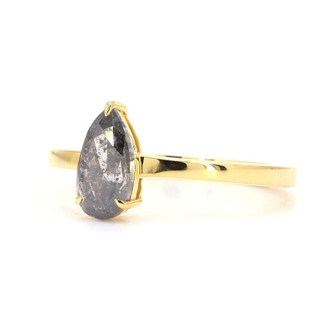 14K Rose Gold Unique Grey Salt and Pepper Natural Pear Cut Diamond Promise Ring