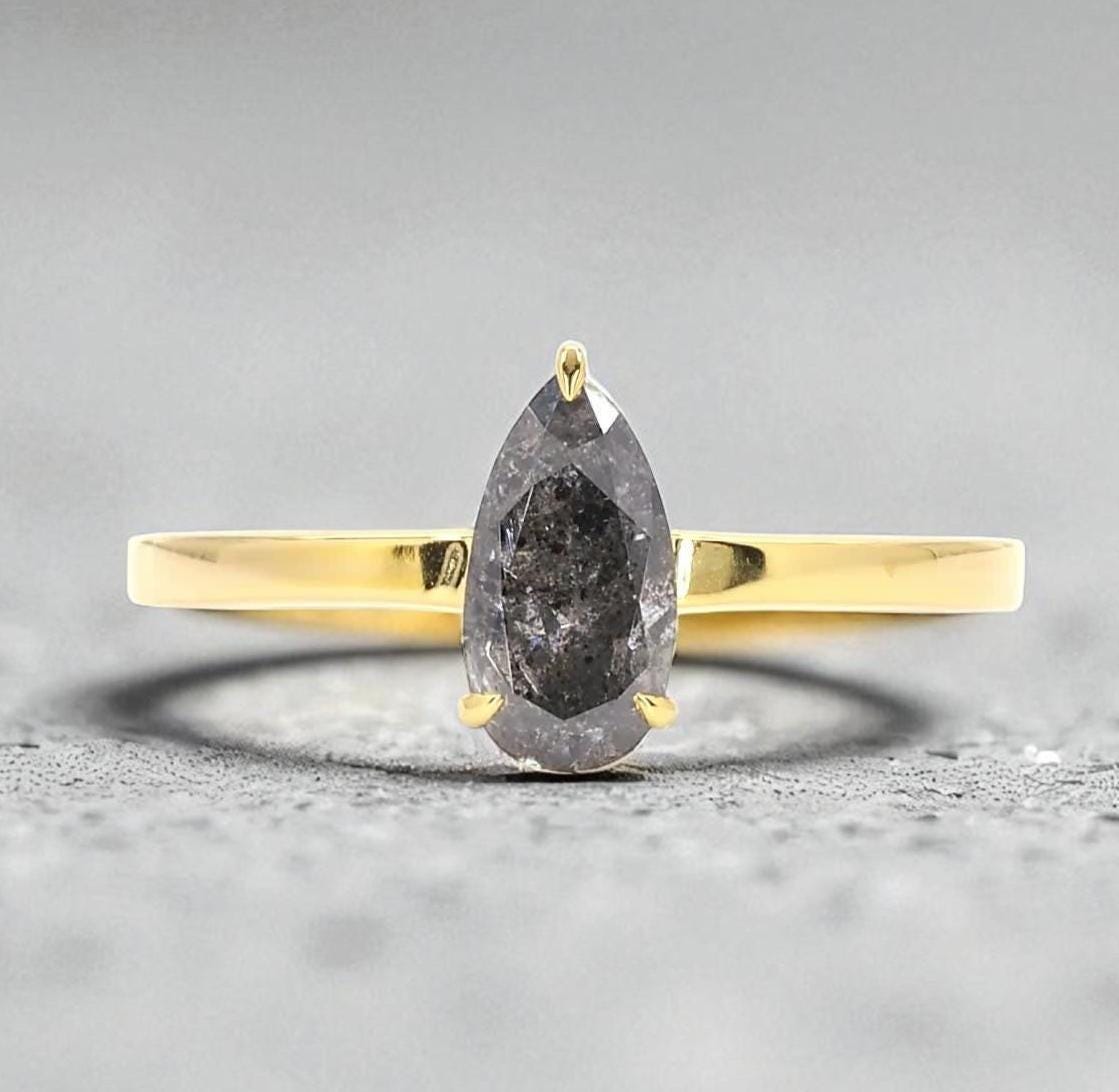 14K Rose Gold Unique Grey Salt and Pepper Natural Pear Cut Diamond Promise Ring