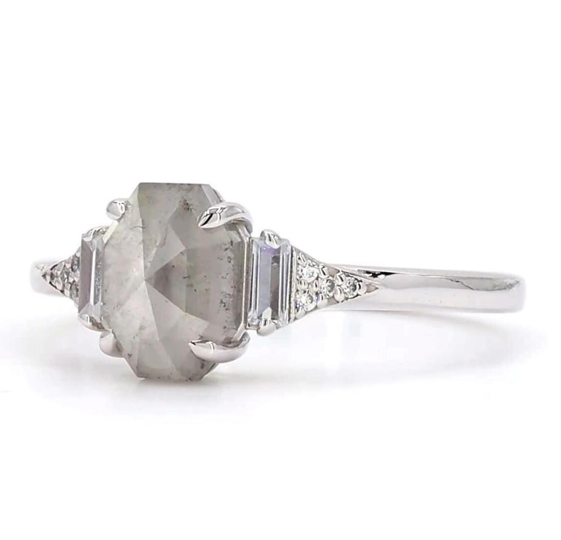 14K White Gold Emerald Cut Grey Salt and Pepper Natural Diamond Wedding Ring