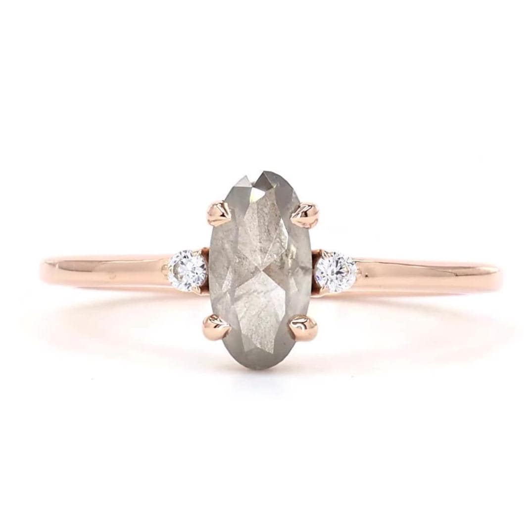 14K White Gold Oval Cut Grey Salt and Pepper Natural Diamond Anniversary Ring