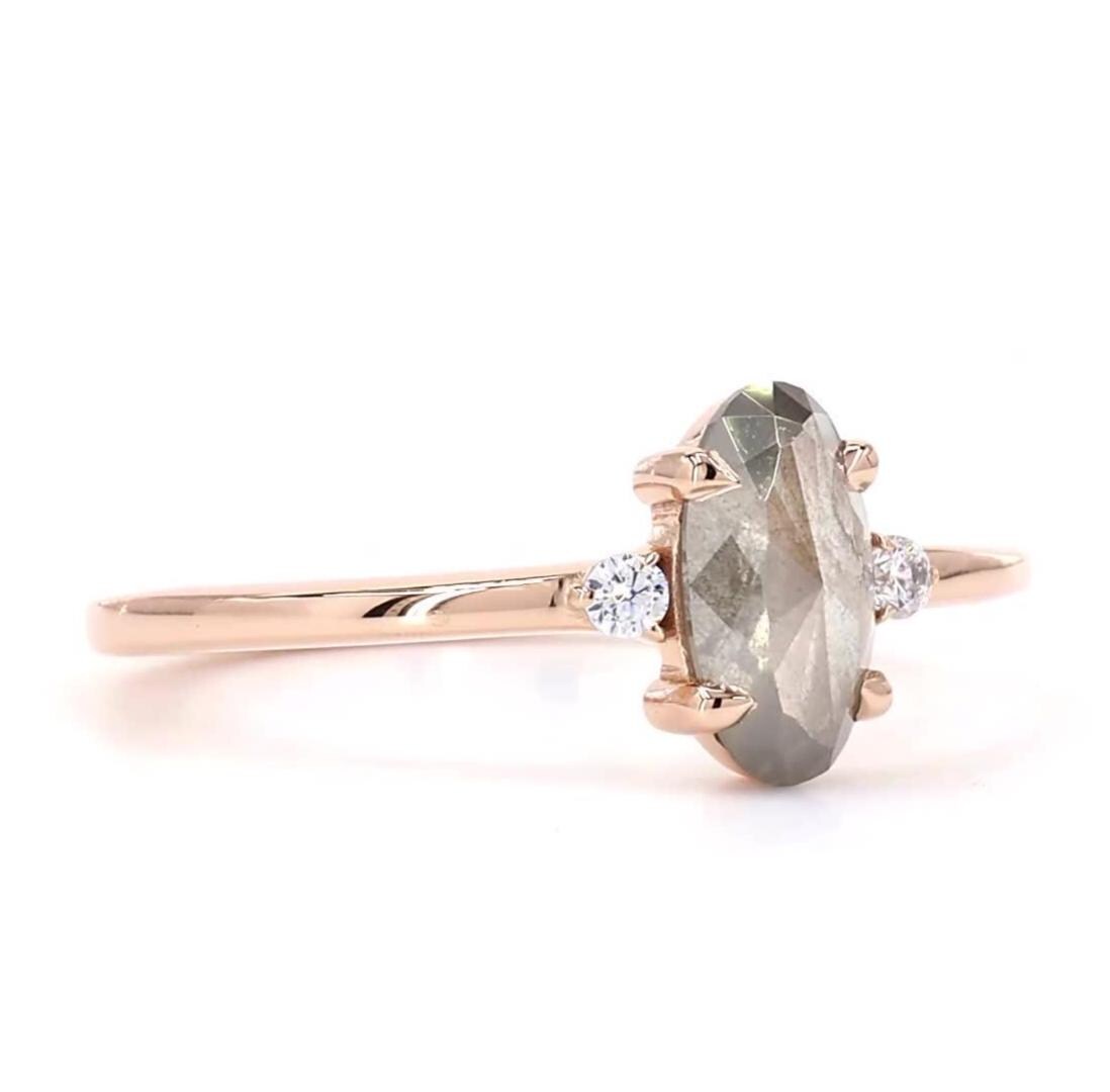 14K White Gold Oval Cut Grey Salt and Pepper Natural Diamond Anniversary Ring