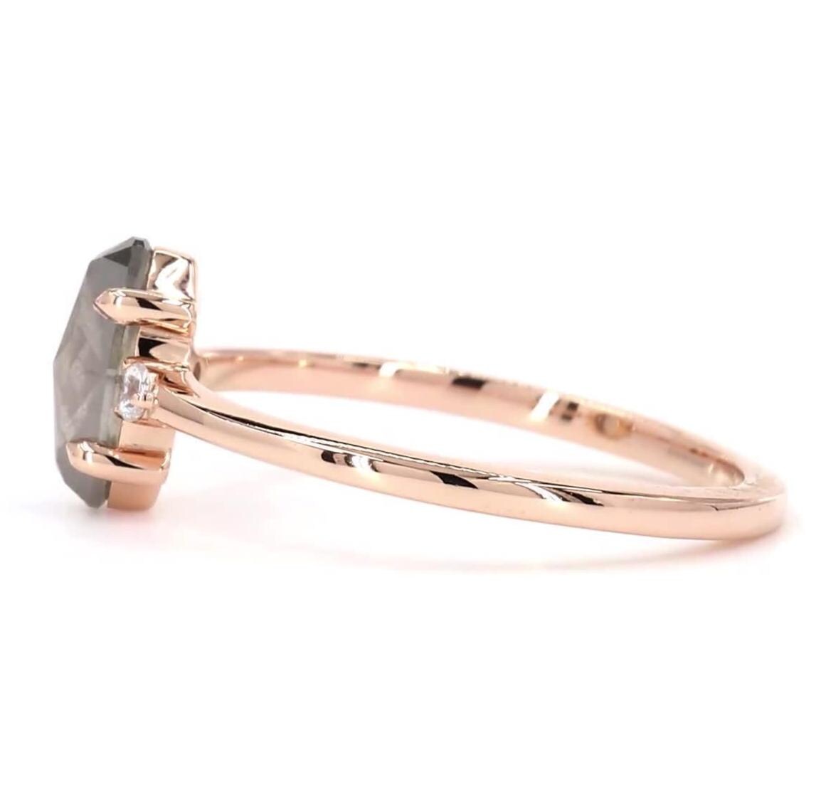 14K White Gold Oval Cut Grey Salt and Pepper Natural Diamond Anniversary Ring