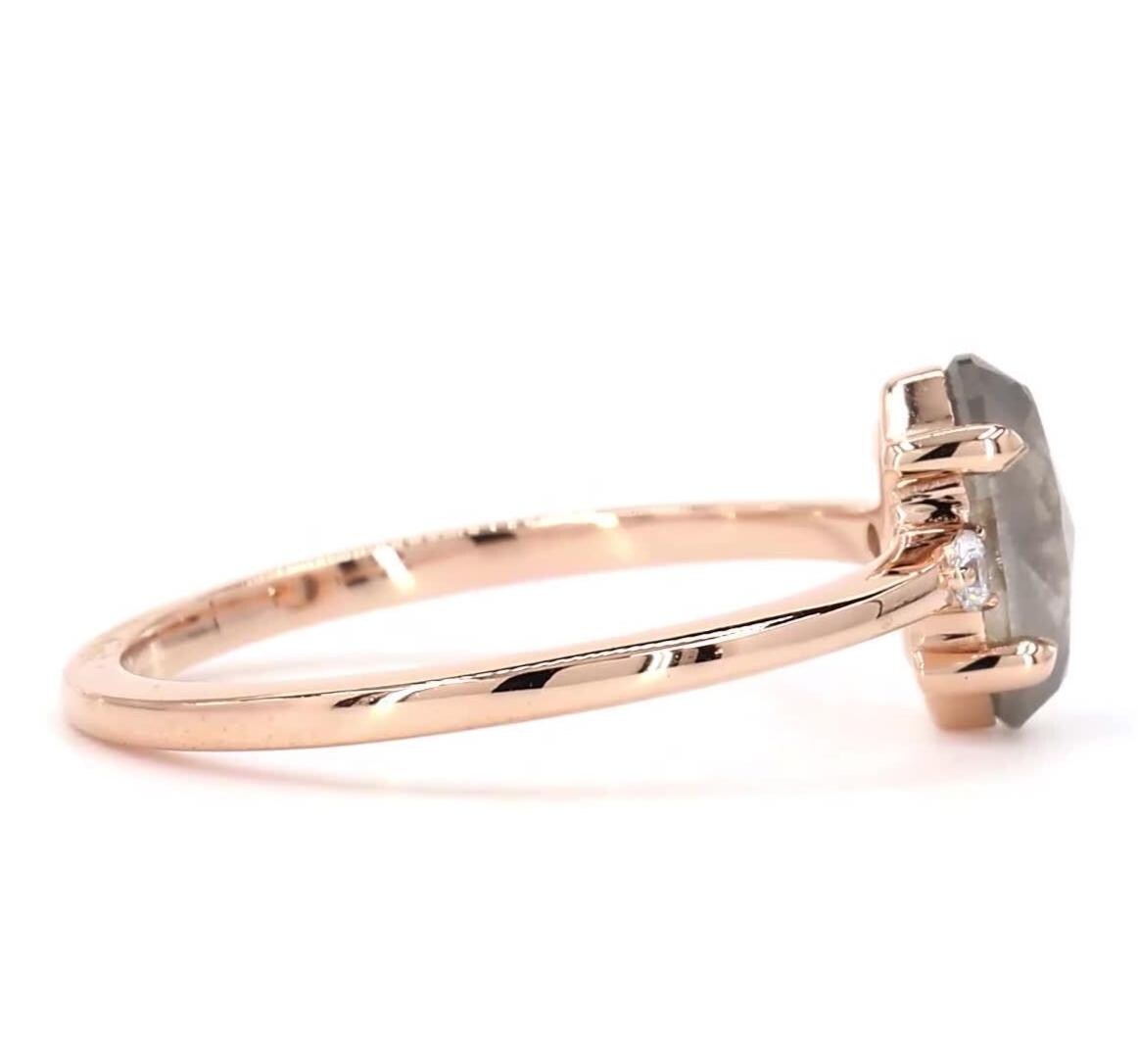 14K White Gold Oval Cut Grey Salt and Pepper Natural Diamond Anniversary Ring