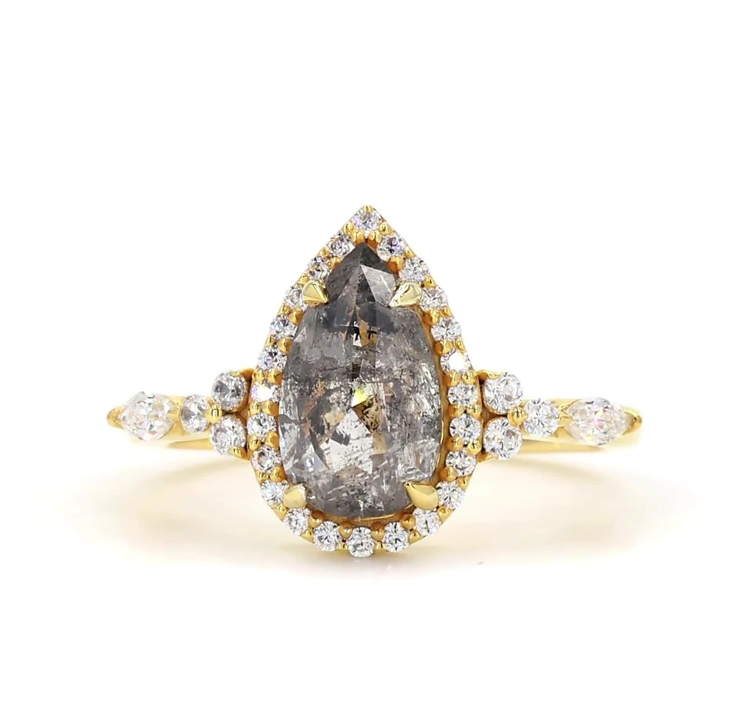 14K Yellow Gold Grey Salt and Pepper Pear Cut Natural Diamond Engagement Ring