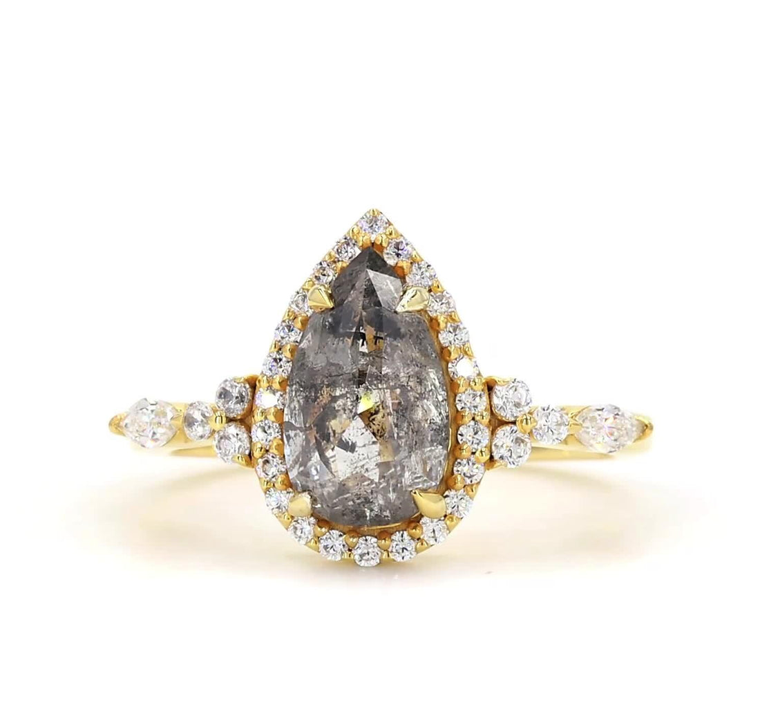 14K Yellow Gold Grey Salt and Pepper Pear Cut Natural Diamond Engagement Ring