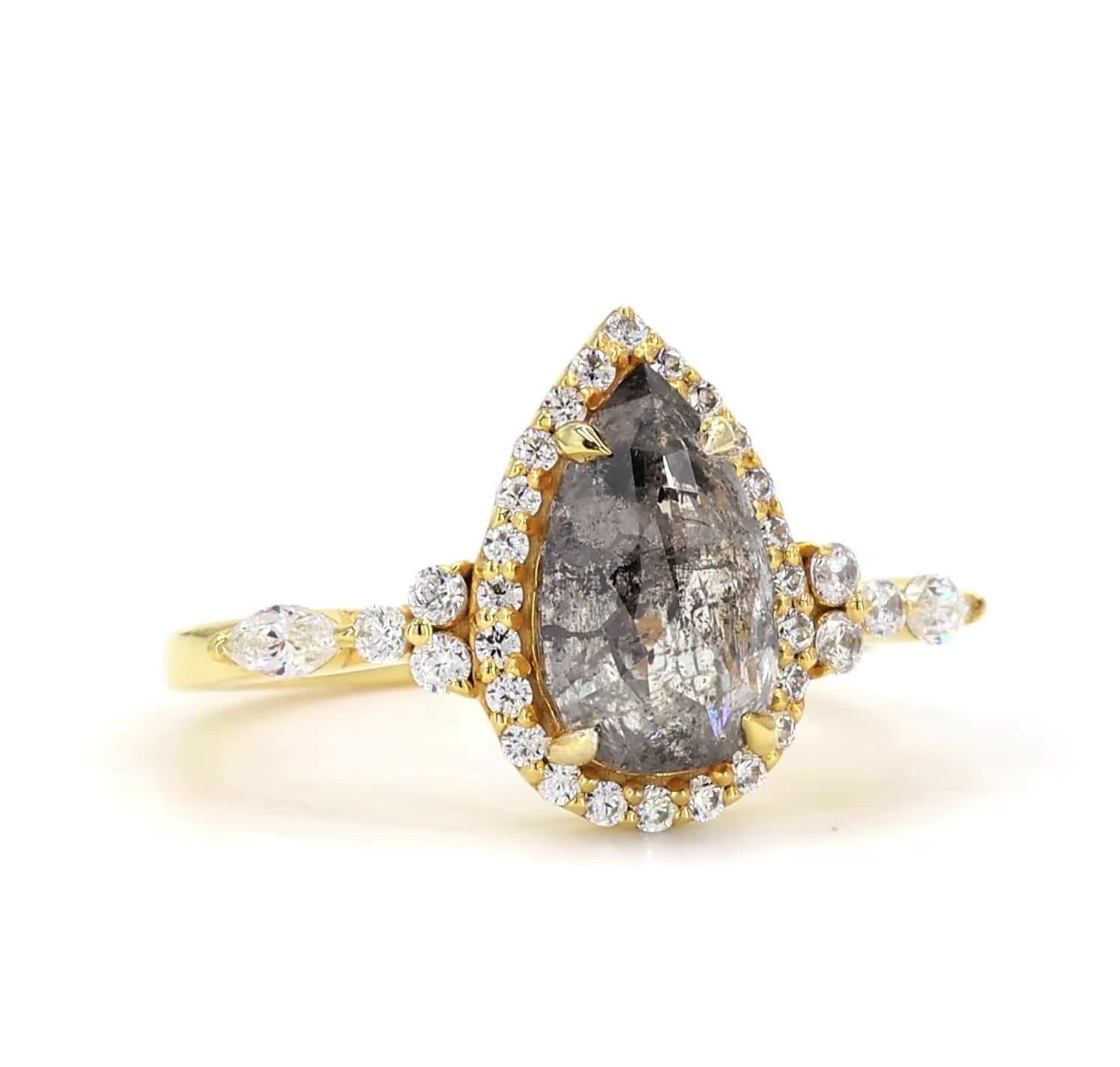14K Yellow Gold Grey Salt and Pepper Pear Cut Natural Diamond Engagement Ring