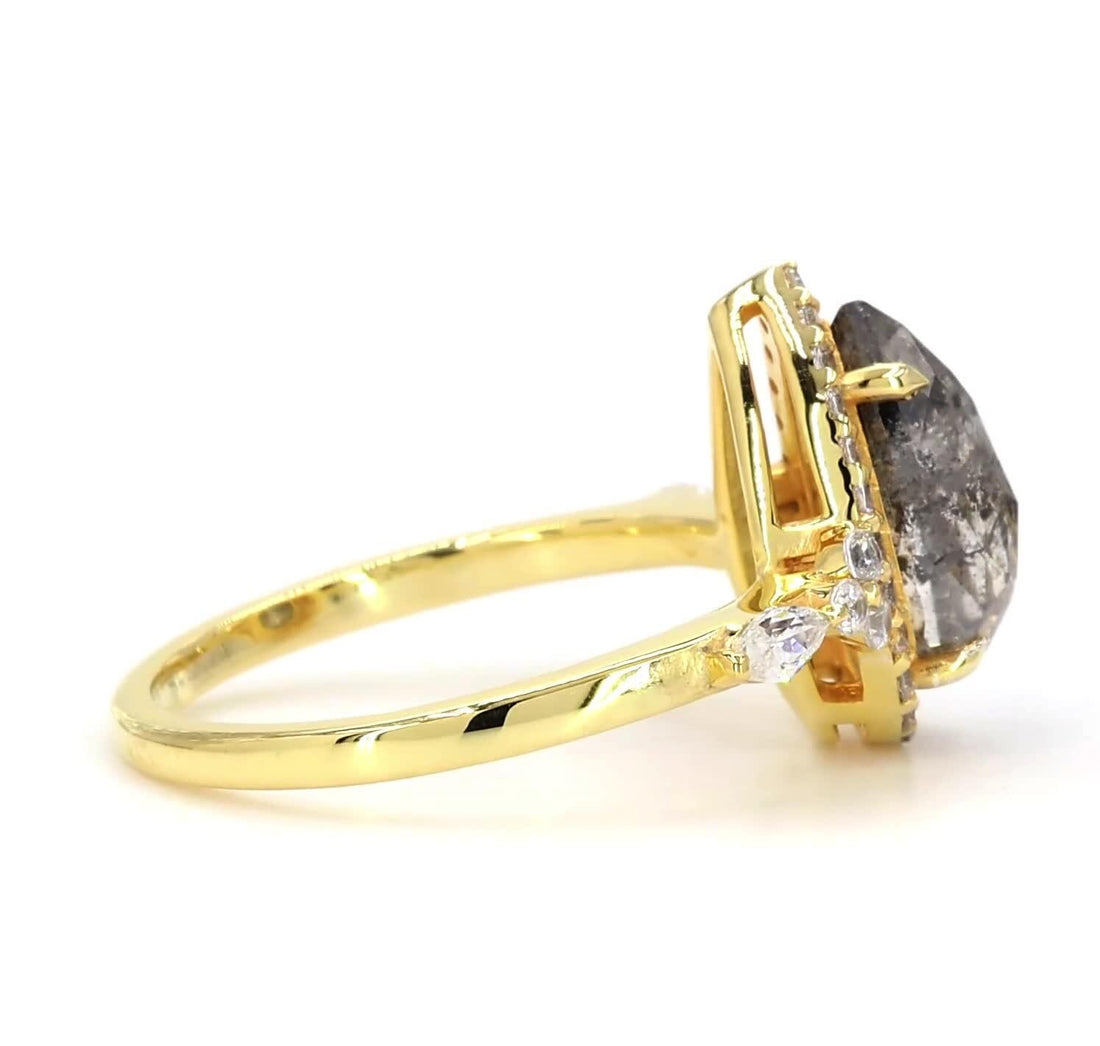 14K Yellow Gold Grey Salt and Pepper Pear Cut Natural Diamond Engagement Ring
