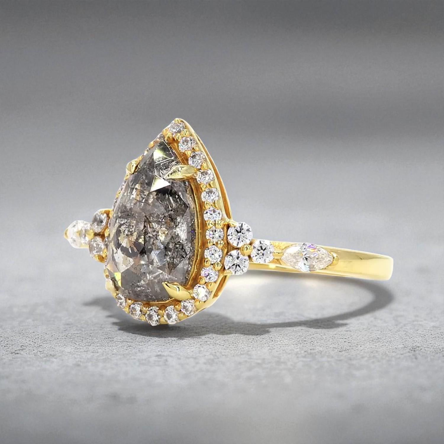 14K Yellow Gold Grey Salt and Pepper Pear Cut Natural Diamond Engagement Ring