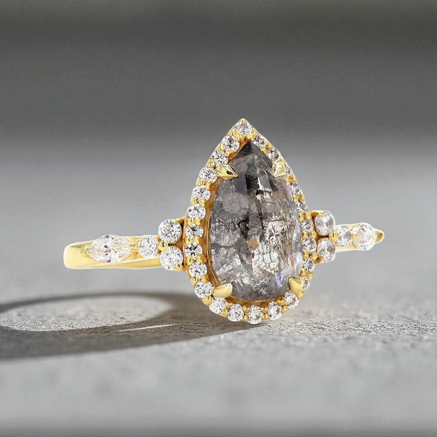 14K Yellow Gold Grey Salt and Pepper Pear Cut Natural Diamond Engagement Ring