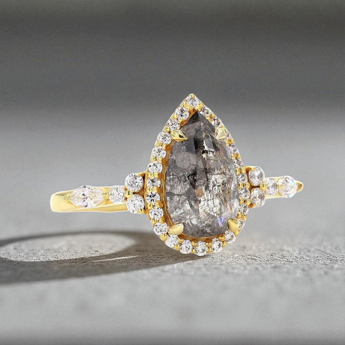 14K Yellow Gold Grey Salt and Pepper Pear Cut Natural Diamond Engagement Ring