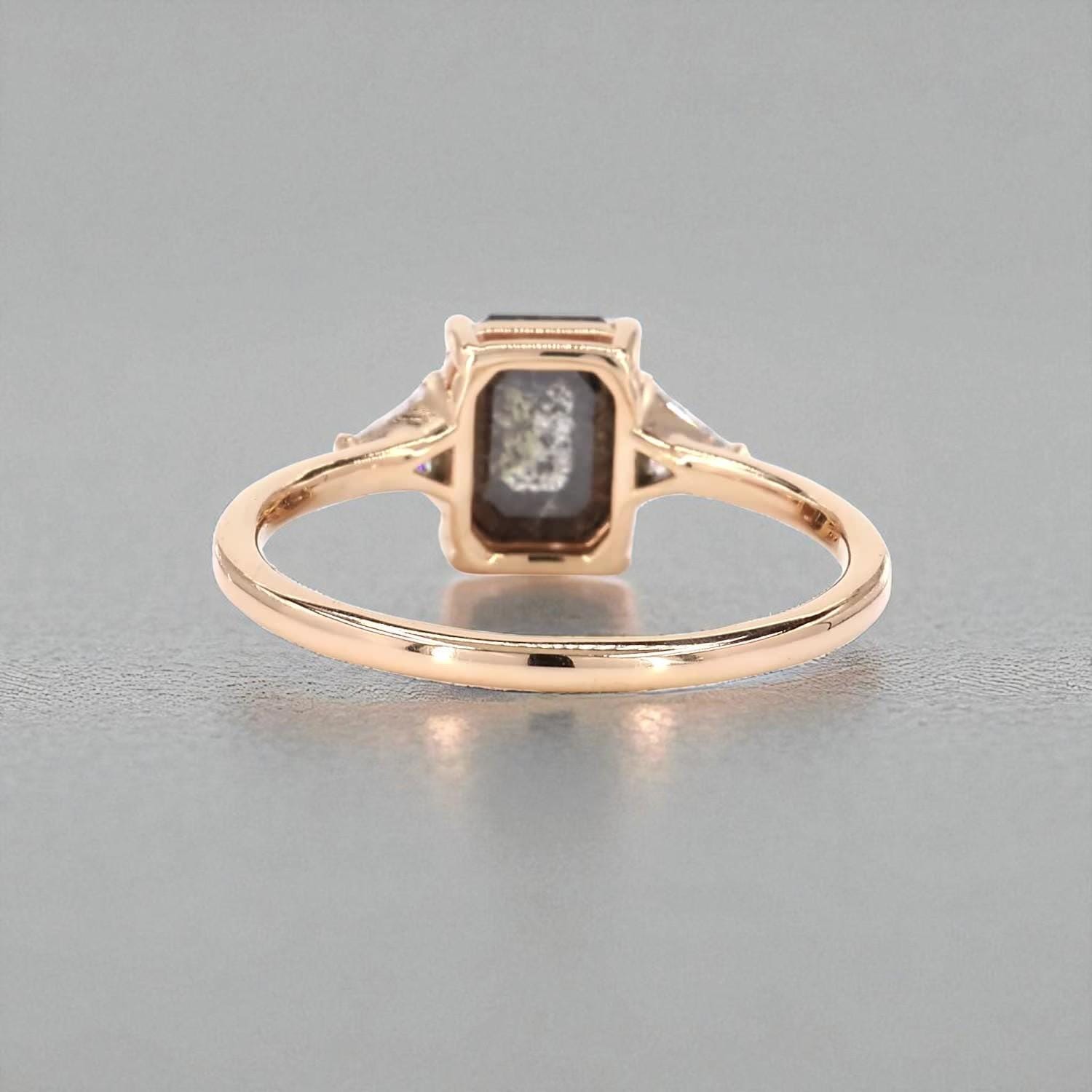 14K Rose Gold Grey Salt and Pepper Emerald Cut Natural Diamond Promise Ring
