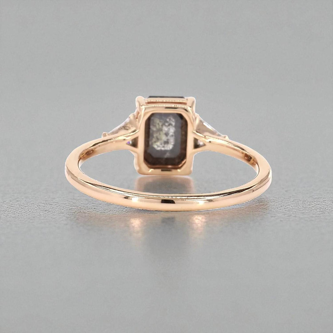 14K Rose Gold Grey Salt and Pepper Emerald Cut Natural Diamond Promise Ring