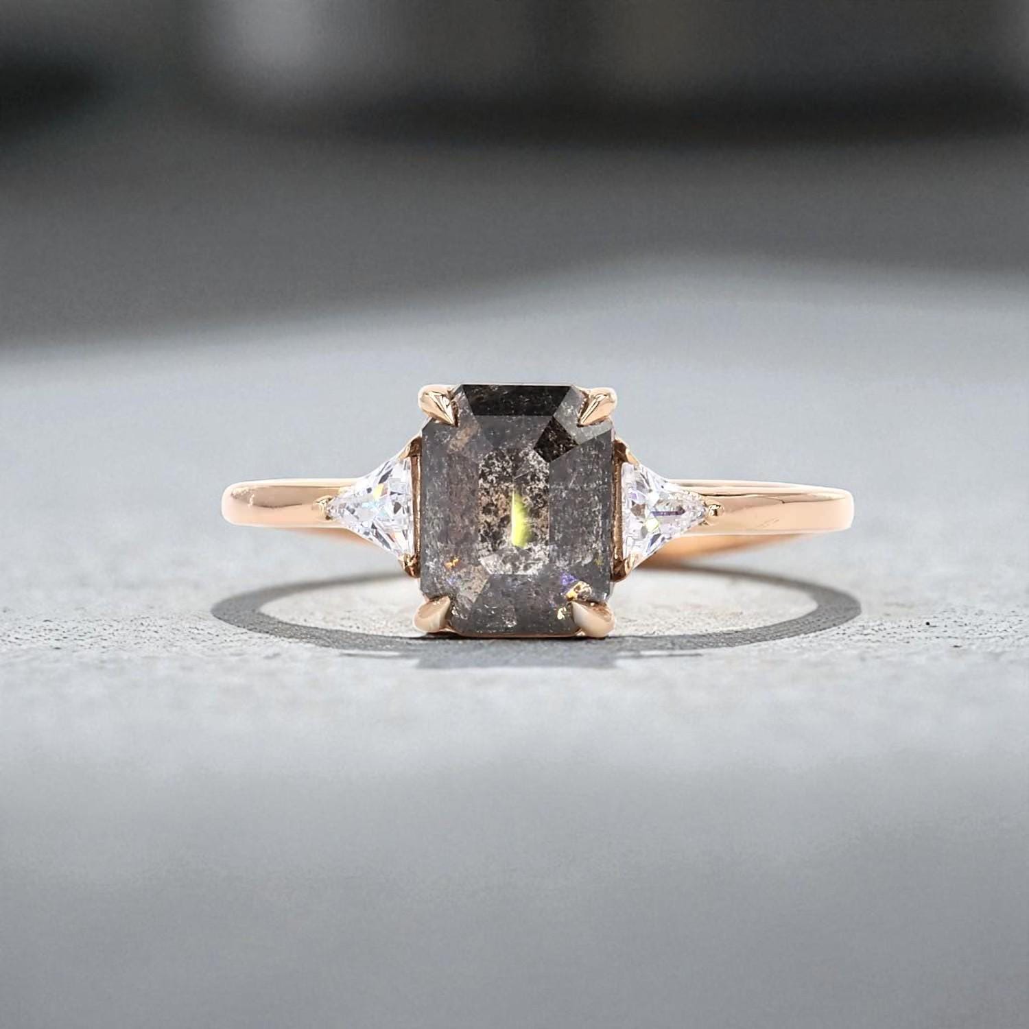 14K Rose Gold Grey Salt and Pepper Emerald Cut Natural Diamond Promise Ring