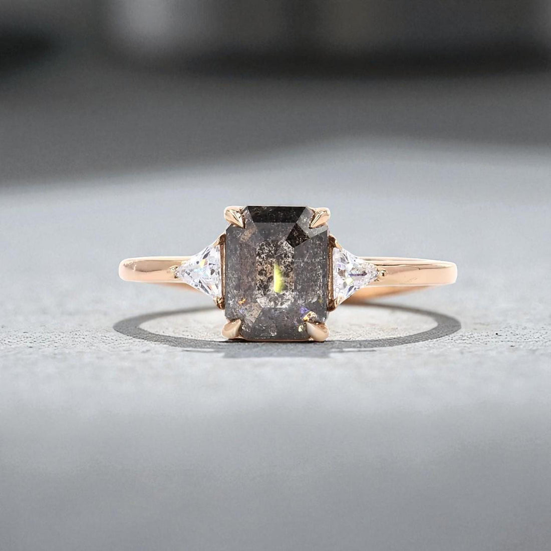 14K Rose Gold Grey Salt and Pepper Emerald Cut Natural Diamond Promise Ring