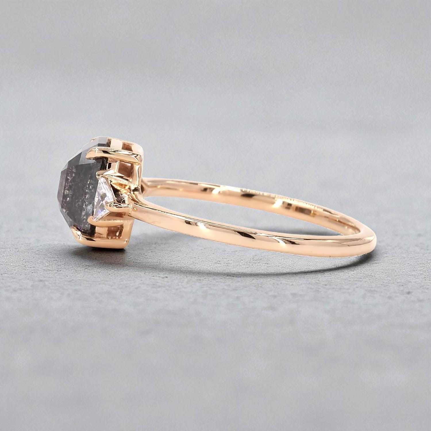 14K Rose Gold Grey Salt and Pepper Emerald Cut Natural Diamond Promise Ring