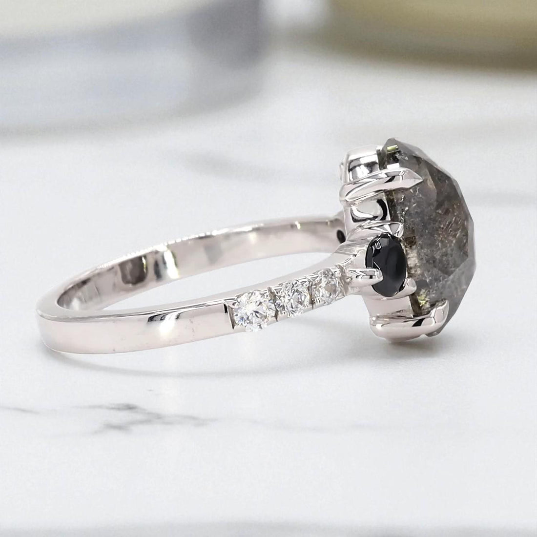 14K White Gold Grey Salt and Pepper Oval Cut Natural Diamond Anniversary Ring