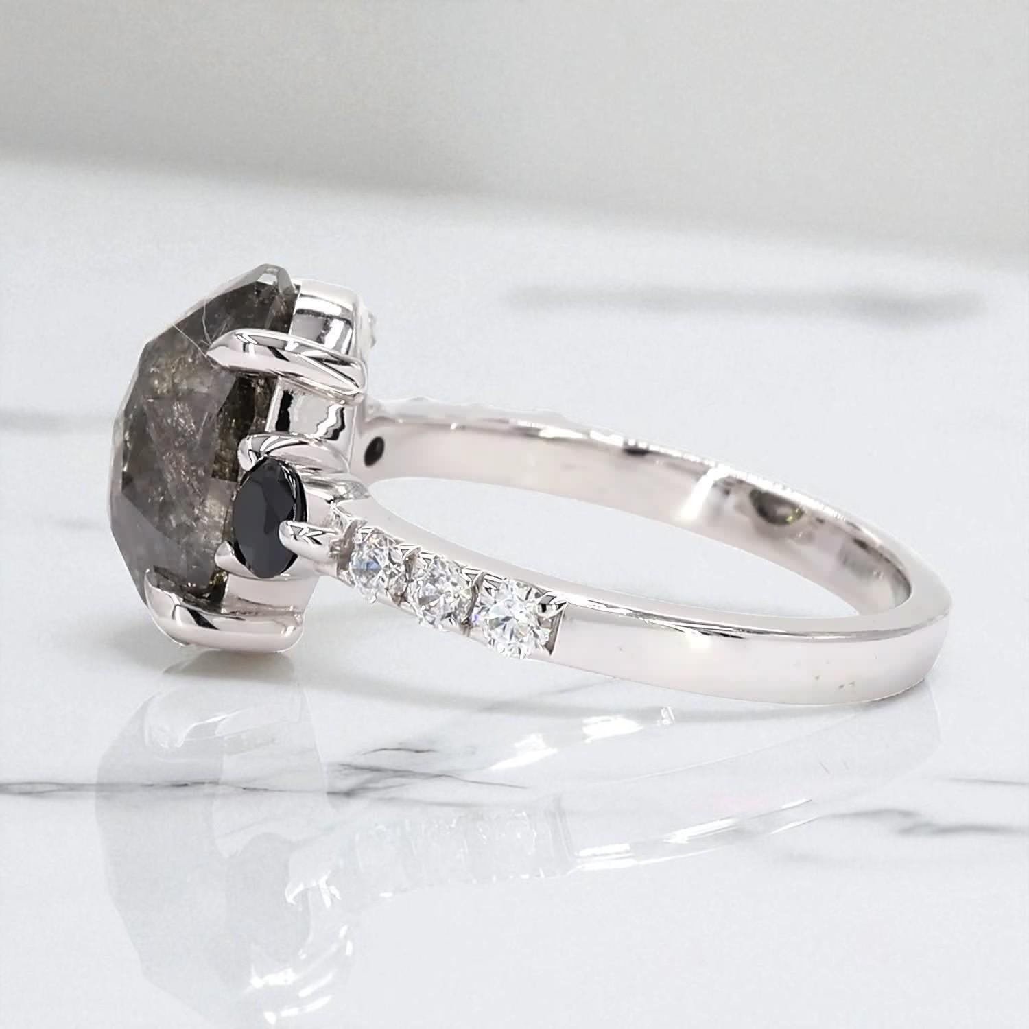 14K White Gold Grey Salt and Pepper Oval Cut Natural Diamond Anniversary Ring