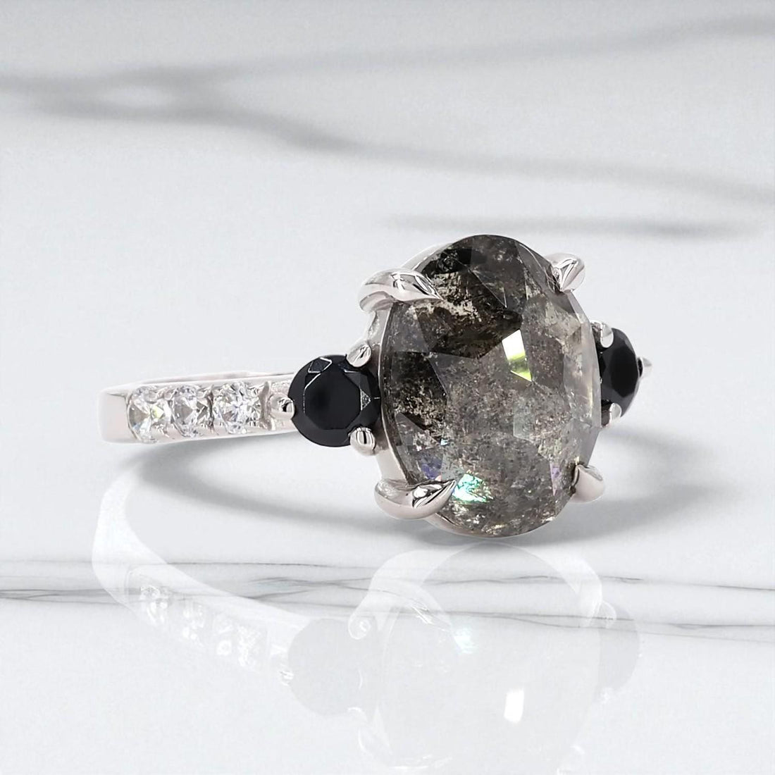 14K White Gold Grey Salt and Pepper Oval Cut Natural Diamond Anniversary Ring