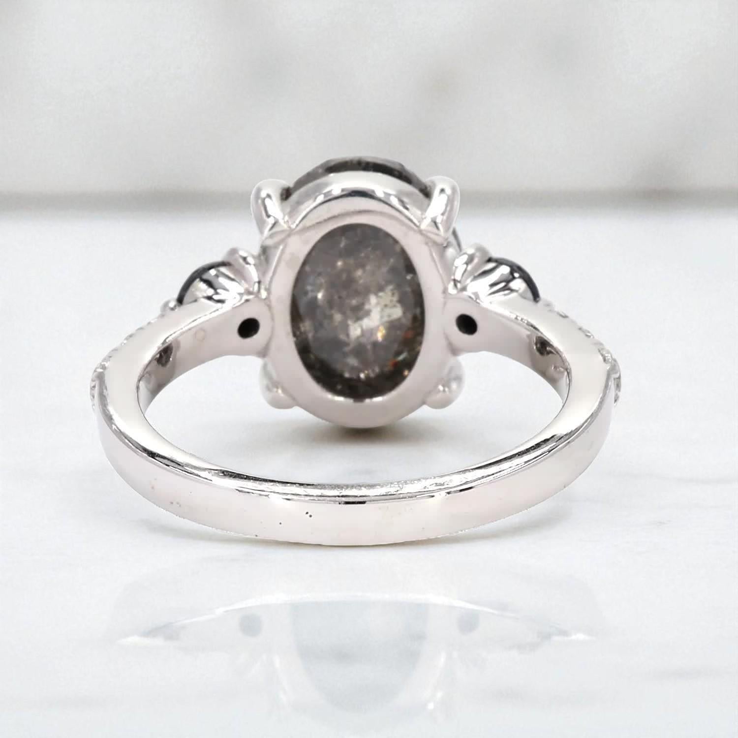 14K White Gold Grey Salt and Pepper Oval Cut Natural Diamond Anniversary Ring