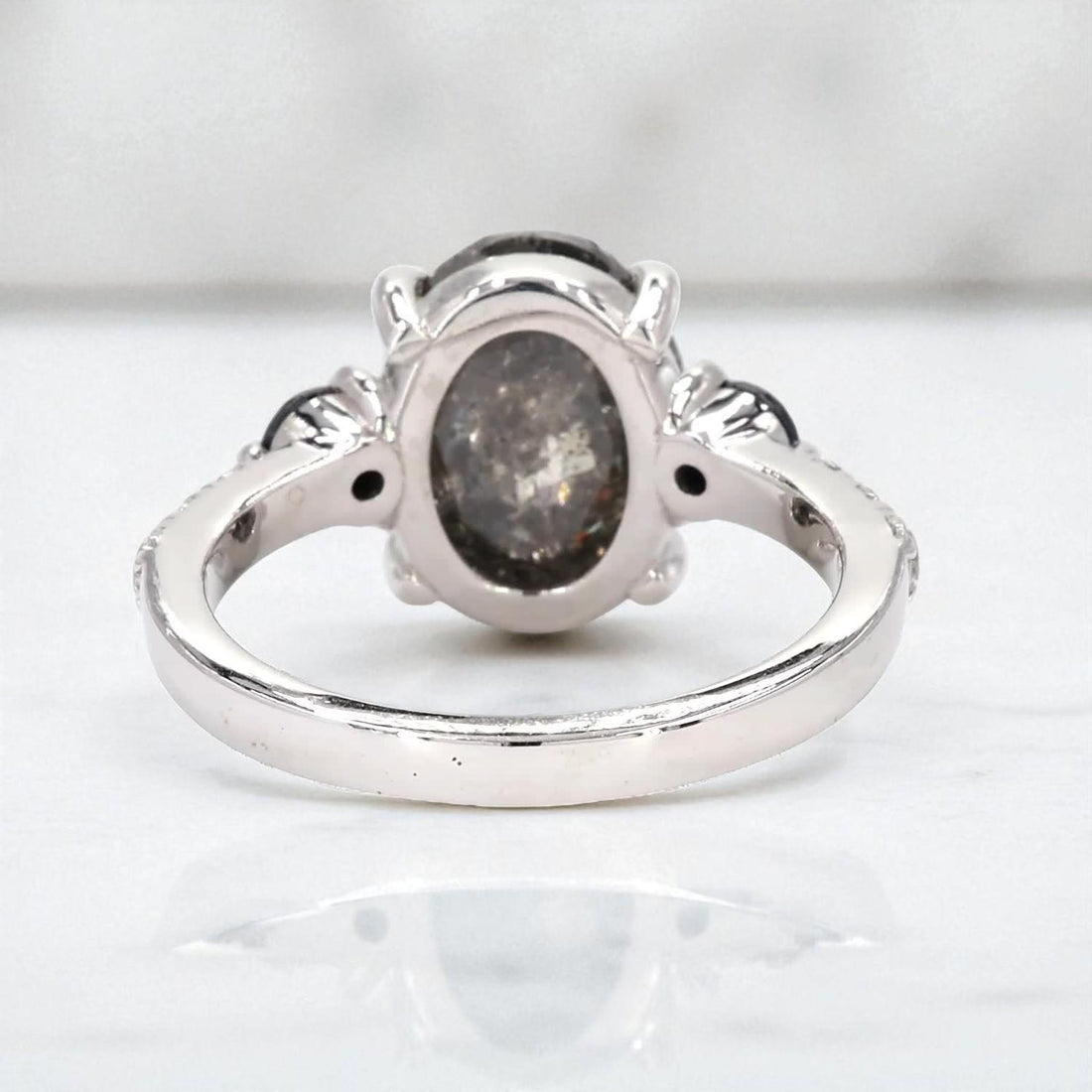 14K White Gold Grey Salt and Pepper Oval Cut Natural Diamond Anniversary Ring