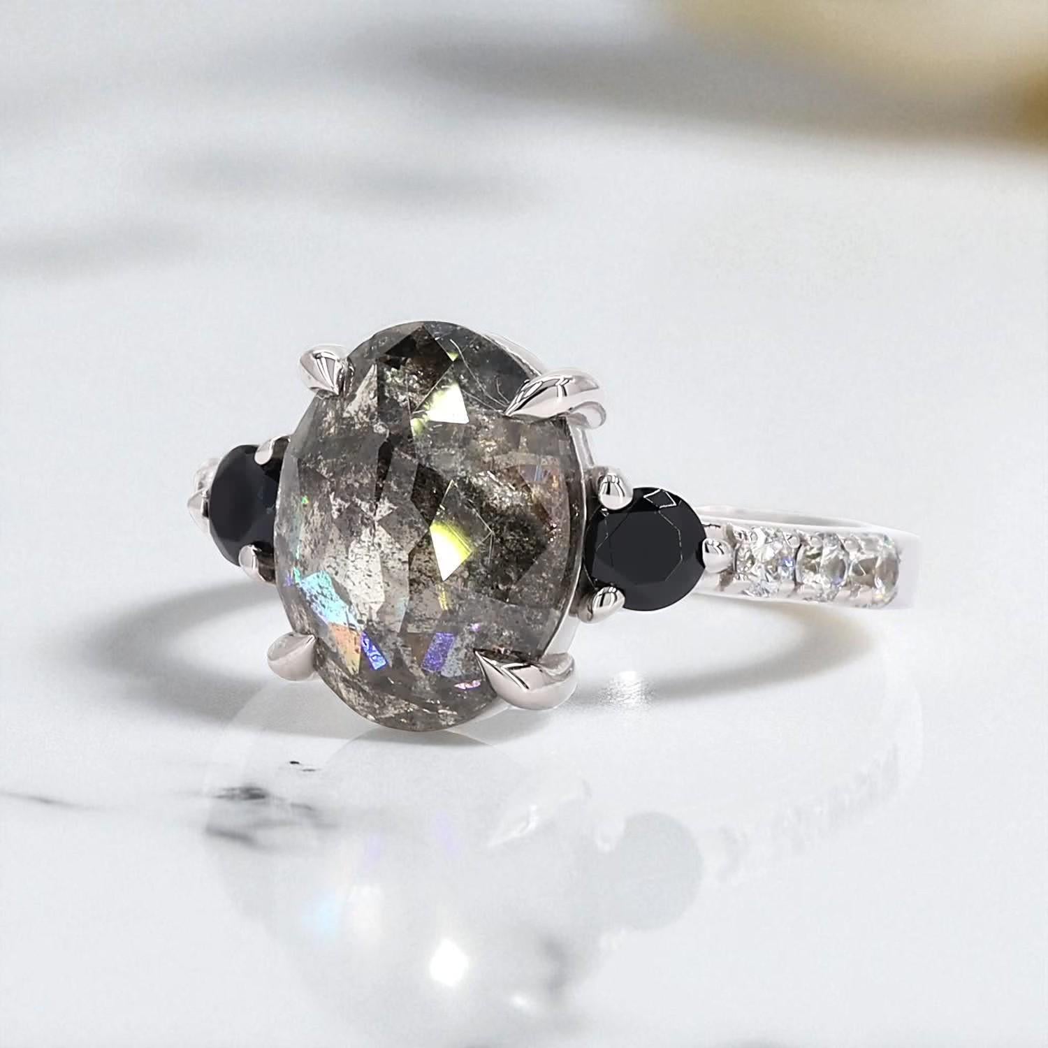 14K White Gold Grey Salt and Pepper Oval Cut Natural Diamond Anniversary Ring