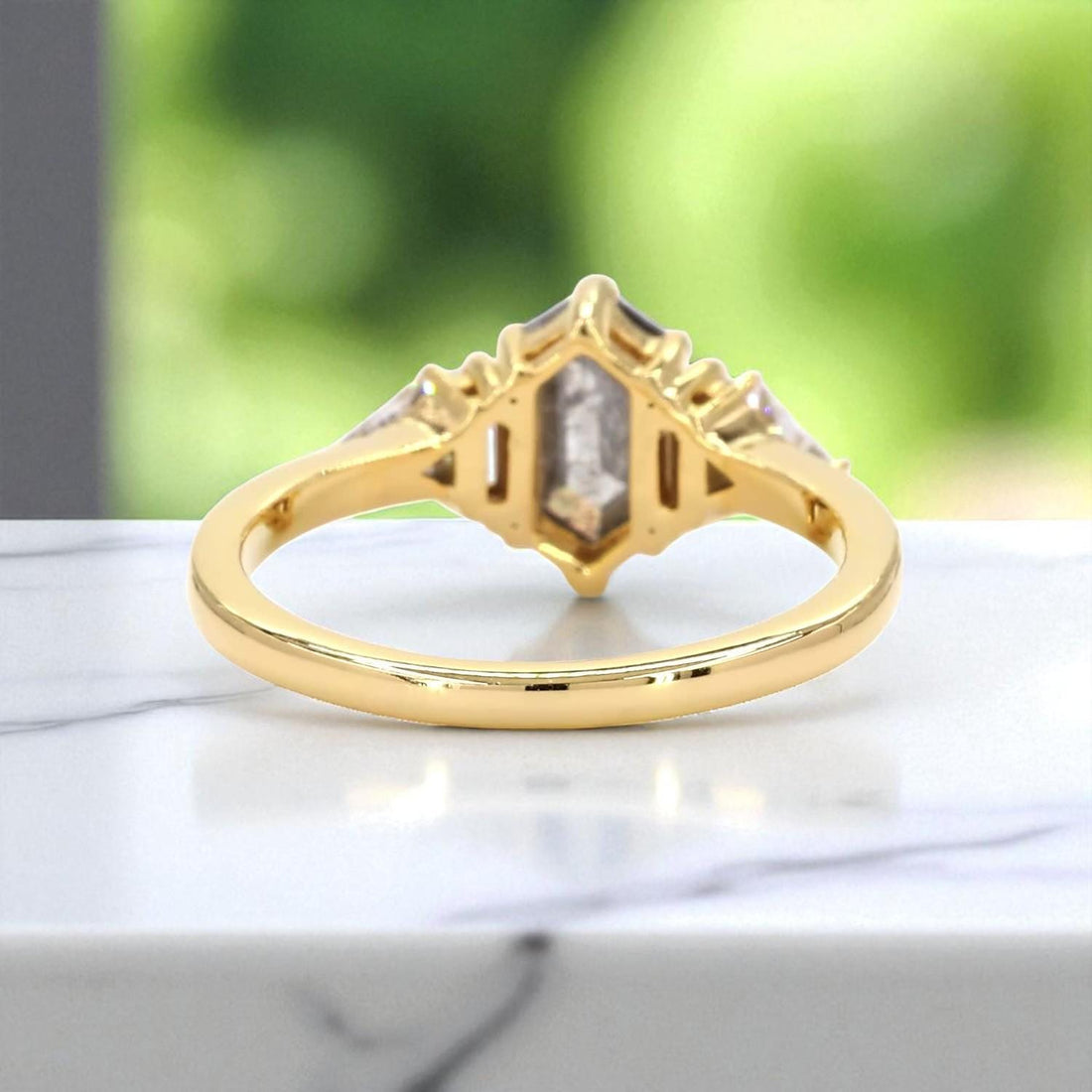 14K Yellow Gold Grey Salt and Pepper Hexagon Cut Natural Diamond Anniversary Ring