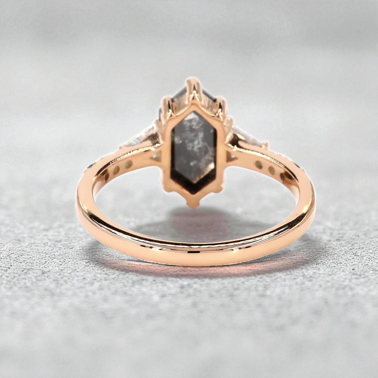 14K Rose Gold Grey Salt and Pepper Hexagon Cut Natural Diamond Pave Ring
