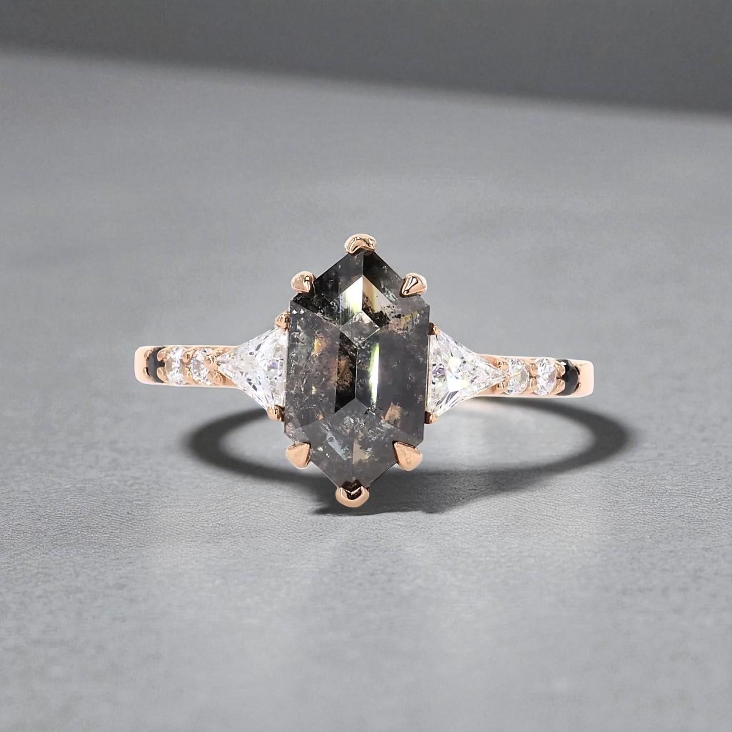 14K Rose Gold Grey Salt and Pepper Hexagon Cut Natural Diamond Pave Ring
