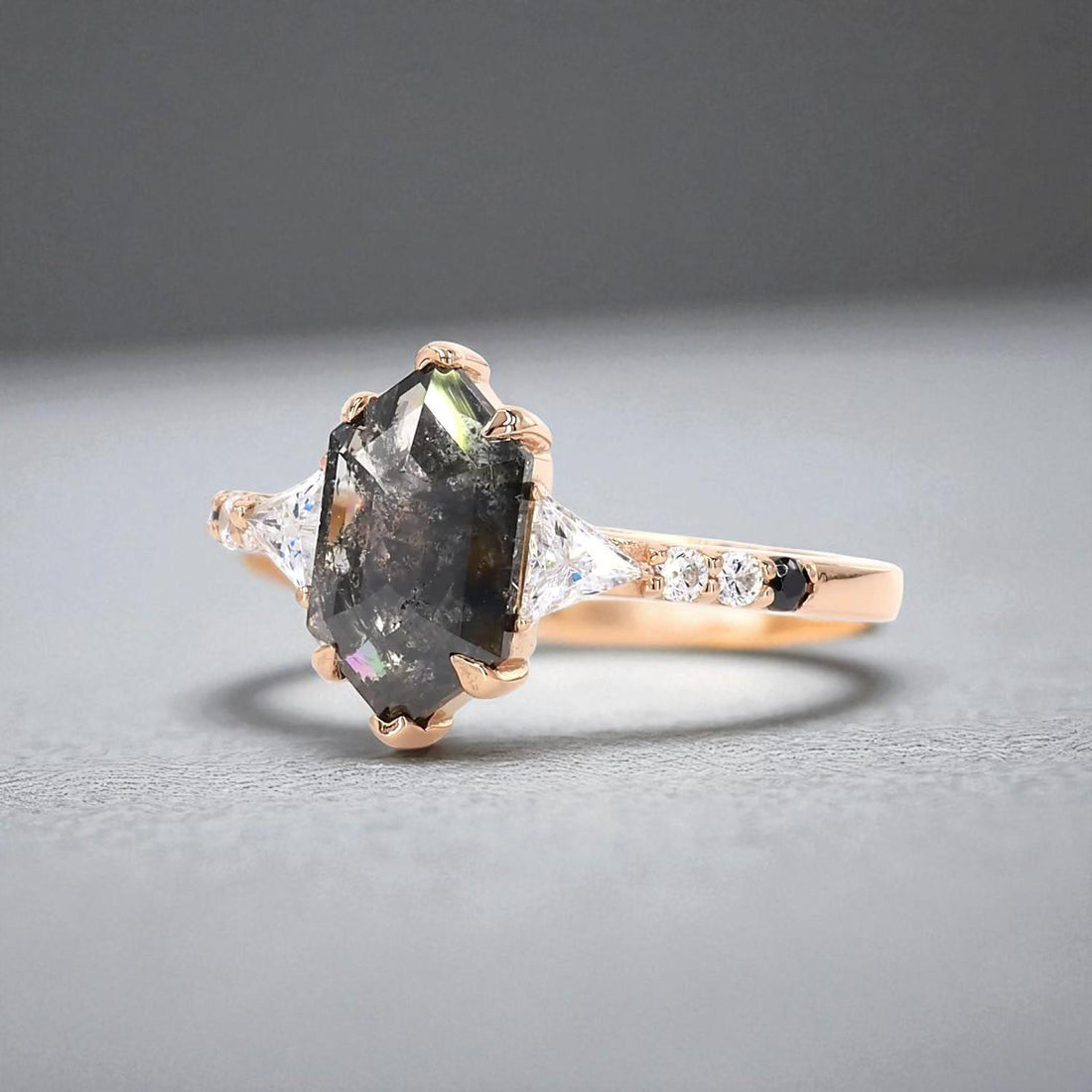 14K Rose Gold Grey Salt and Pepper Hexagon Cut Natural Diamond Pave Ring