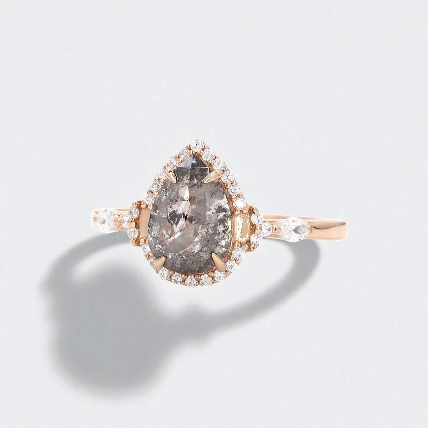 14K Rose Gold Grey Salt and Pepper Pear Cut Natural Diamond Alternative Engagement Ring