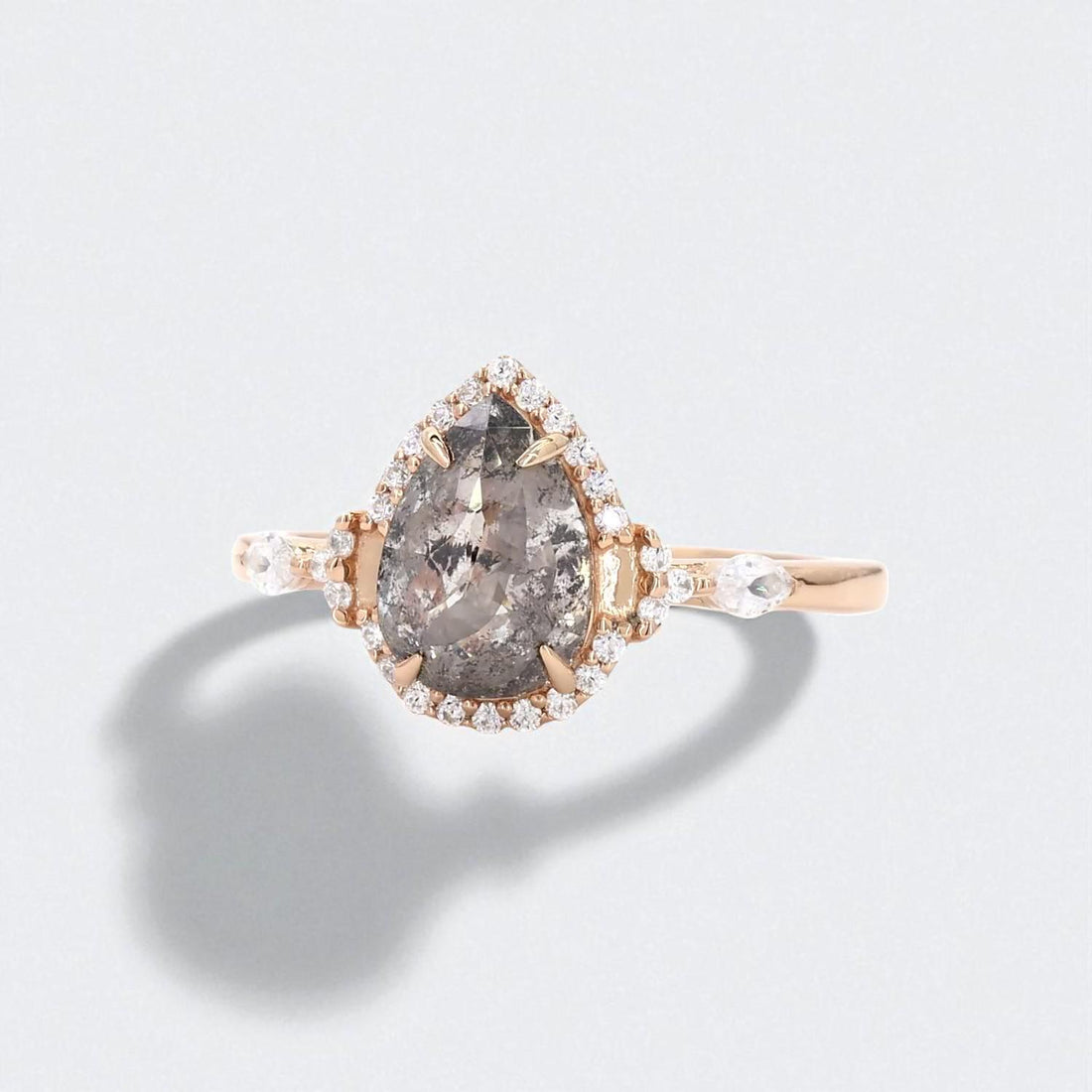 14K Rose Gold Grey Salt and Pepper Pear Cut Natural Diamond Alternative Engagement Ring